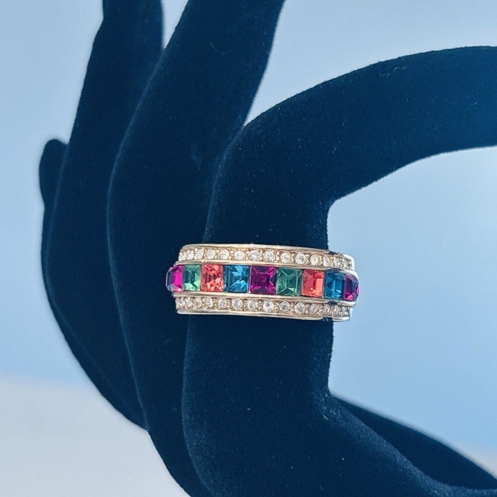 Vintage Rhinestone Ring Rainbow Gold Plated Band Pride Size 7